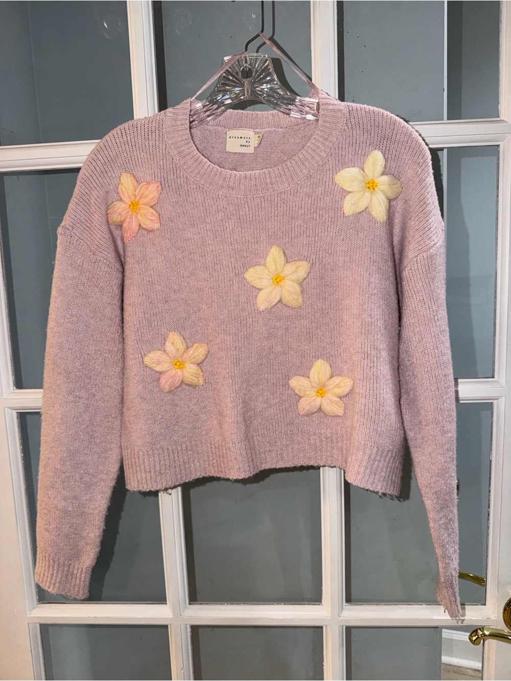 Dreamers By Debut Sweater Womens Medium Pink Flower Embroidered Knit Pullover